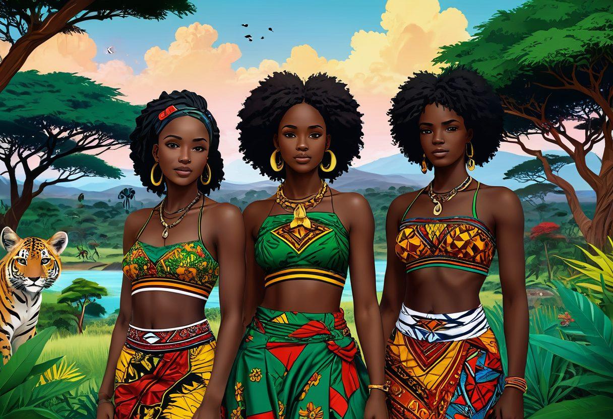 A dynamic and colorful scene showcasing a fusion of traditional Kenyan art styles with modern hentai aesthetics. Include vibrant characters with exaggerated features, surrounded by lush Kenyan landscapes, featuring iconic flora and fauna. Integrate elements of traditional patterns and textures in the characters' clothing and backgrounds. Capture a sense of playfulness and depth to reflect the exploration of culture and animation. vibrant colors. anime-inspired. 3D.